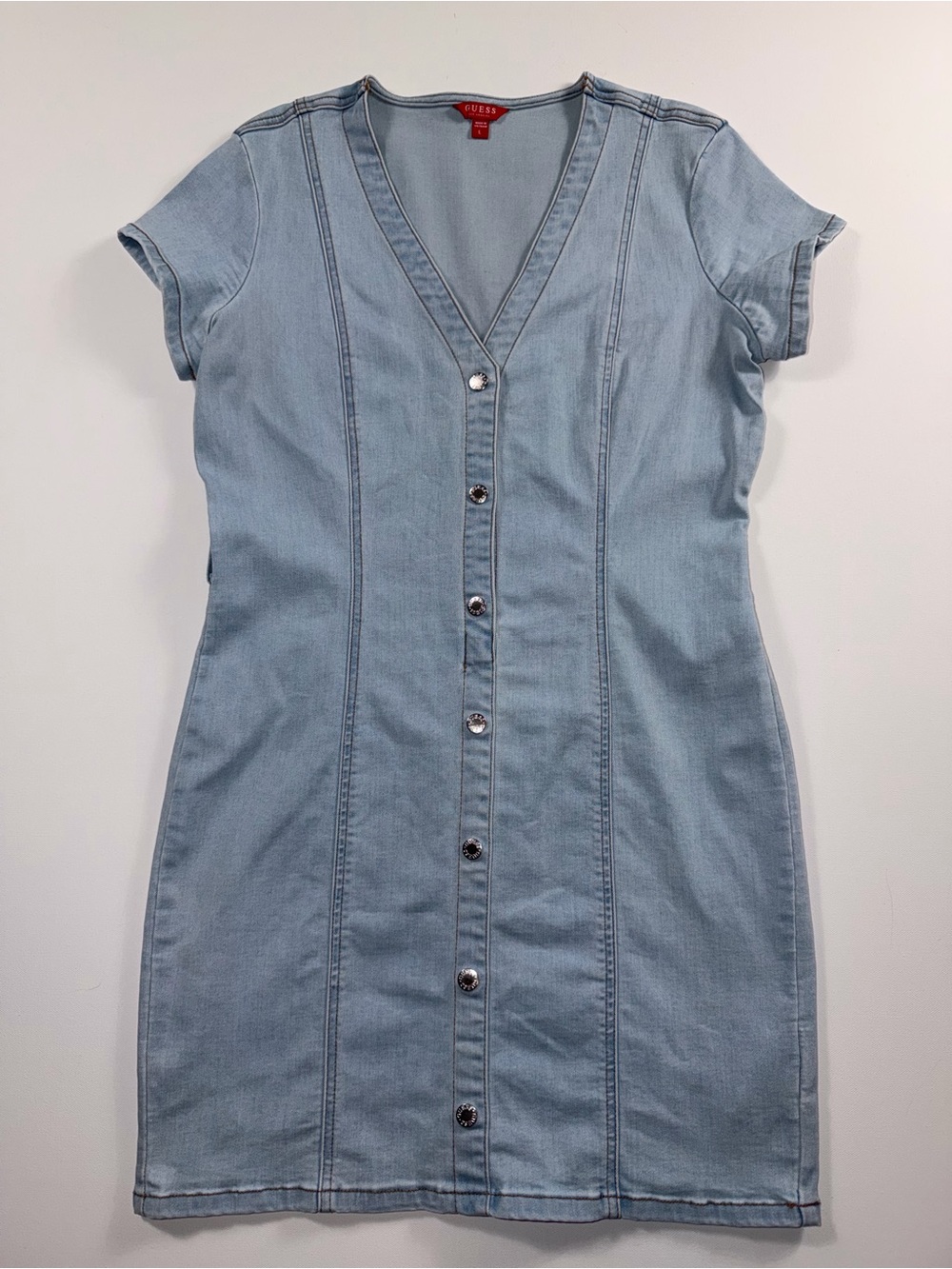 Guess Light Wash Denim Bodycon Mini Dress Size L Button Front Stretch Y2K Retro